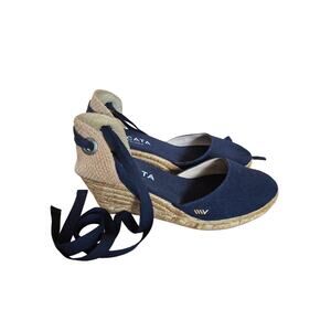 Viscara Sagaro navy canvas Espadrille wedge tie ankle ballet 41 Perfect EUC 10